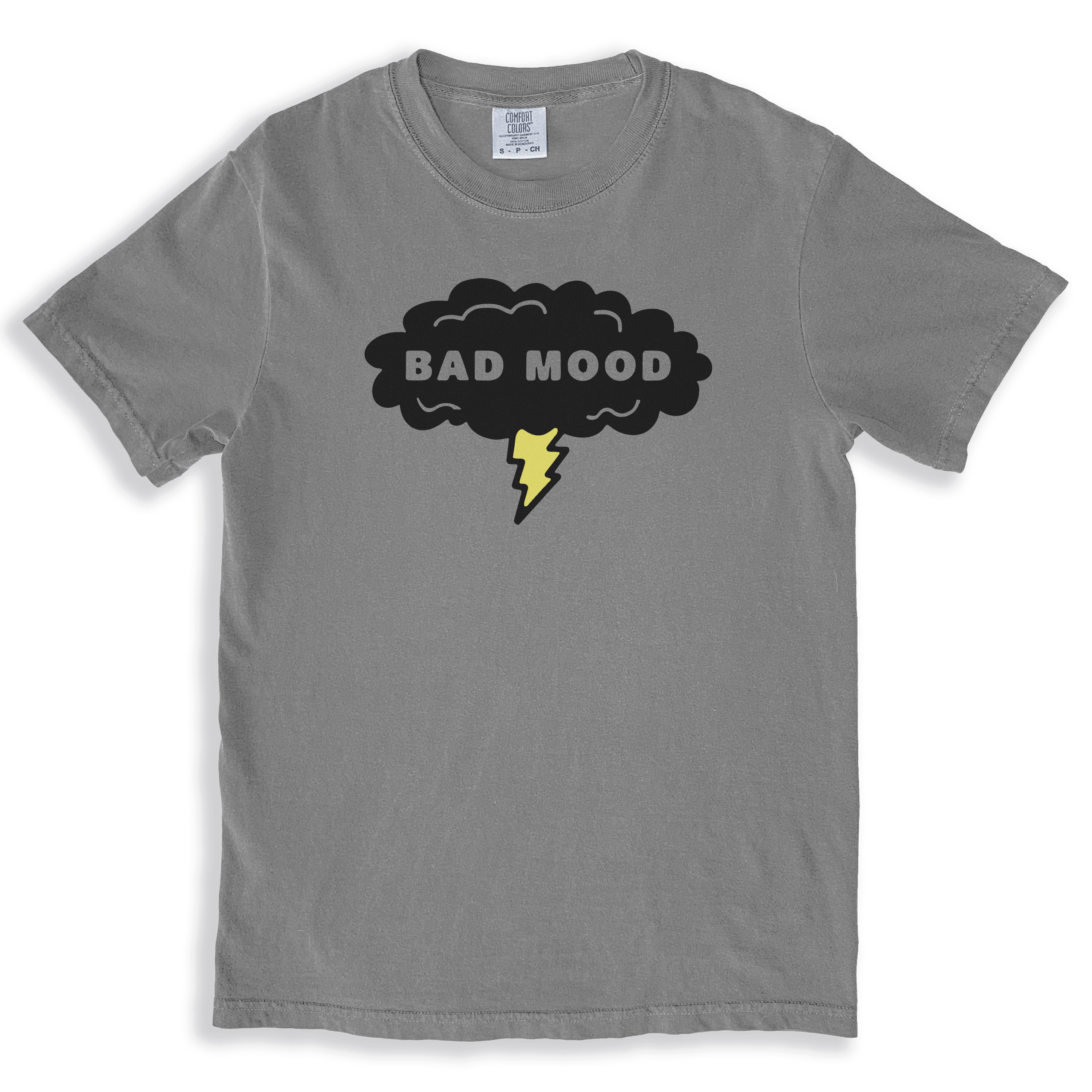 A vintage 90s style grey t-shirt with the logo for Bad Mood Records ( A defunct 90s record store.) in Orlando Florida.