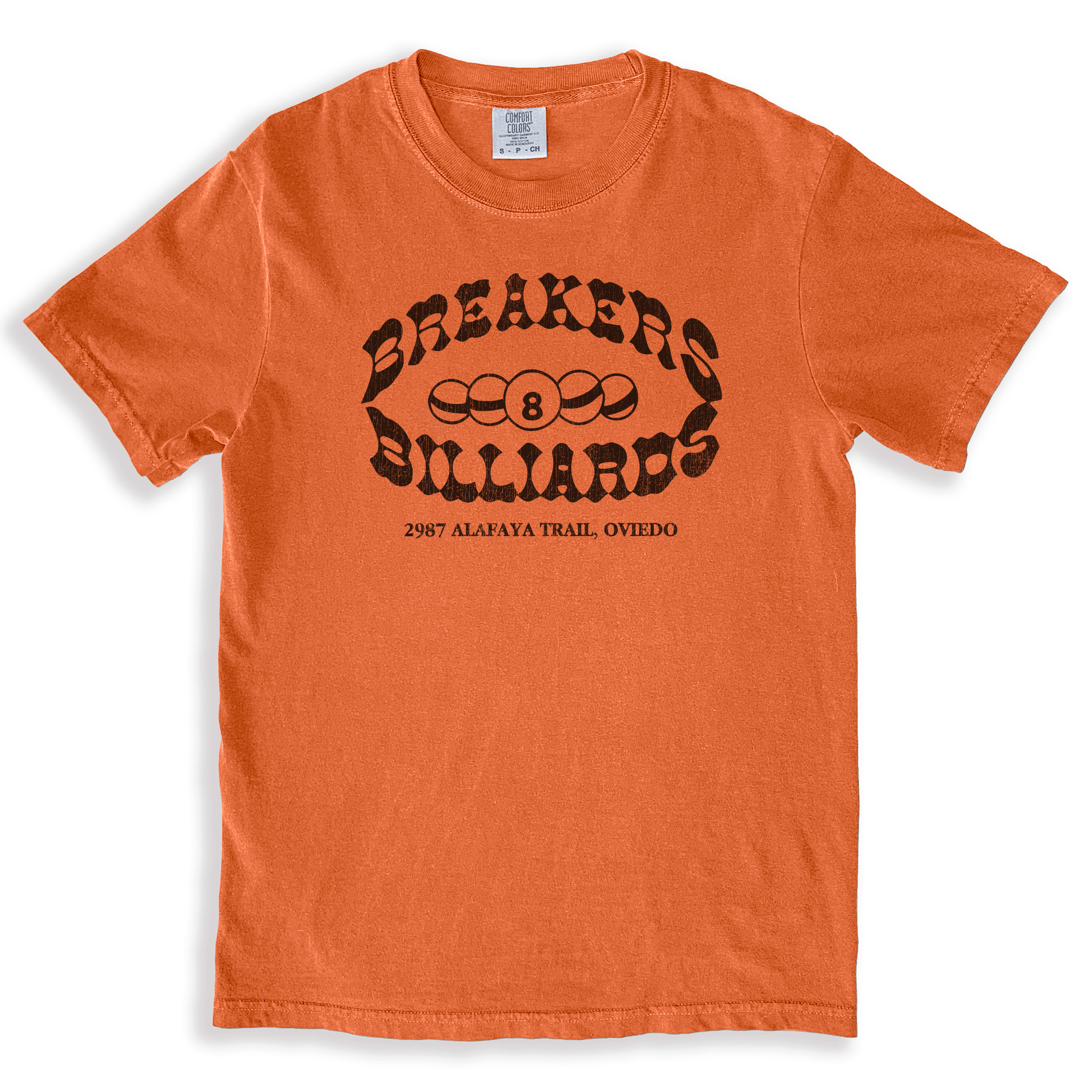 A vintage style orange t-shirt featuring the logo for the defunct pool hall "Breakers Billiards" that was located near UCF in the 90s and early '00s.