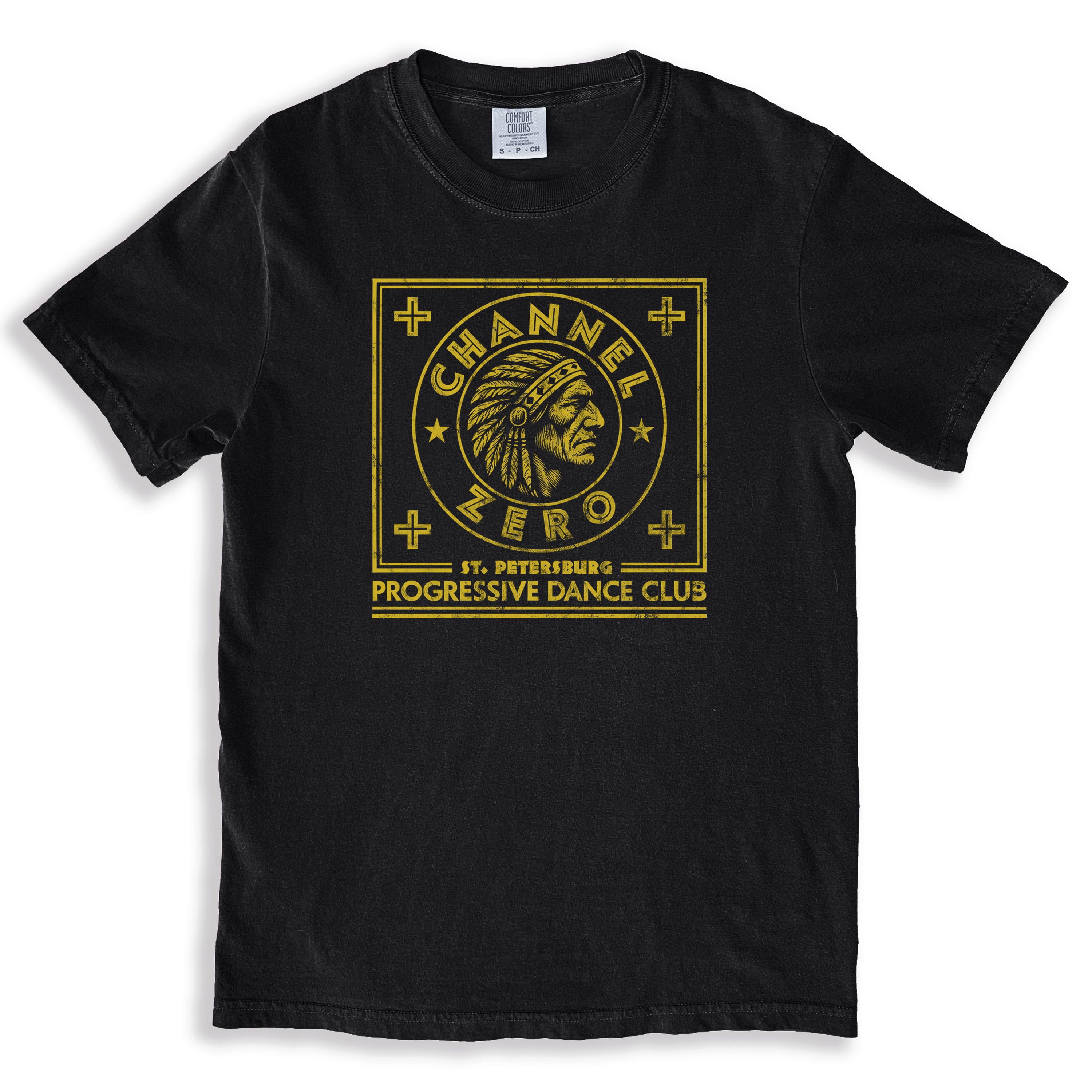 A vintage style black t-shirt with the logo for the defunct 90s dance club in St.Petersburg Florida named Channel Zero