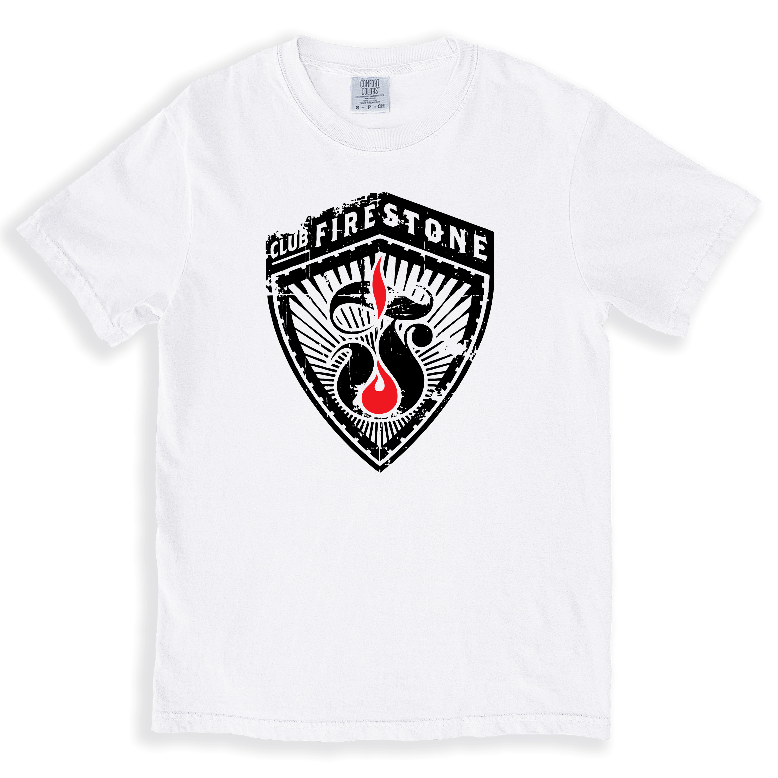 a vintage style white t-shirt with the logo for the defunct 90s Orlando nightclub Firestone.