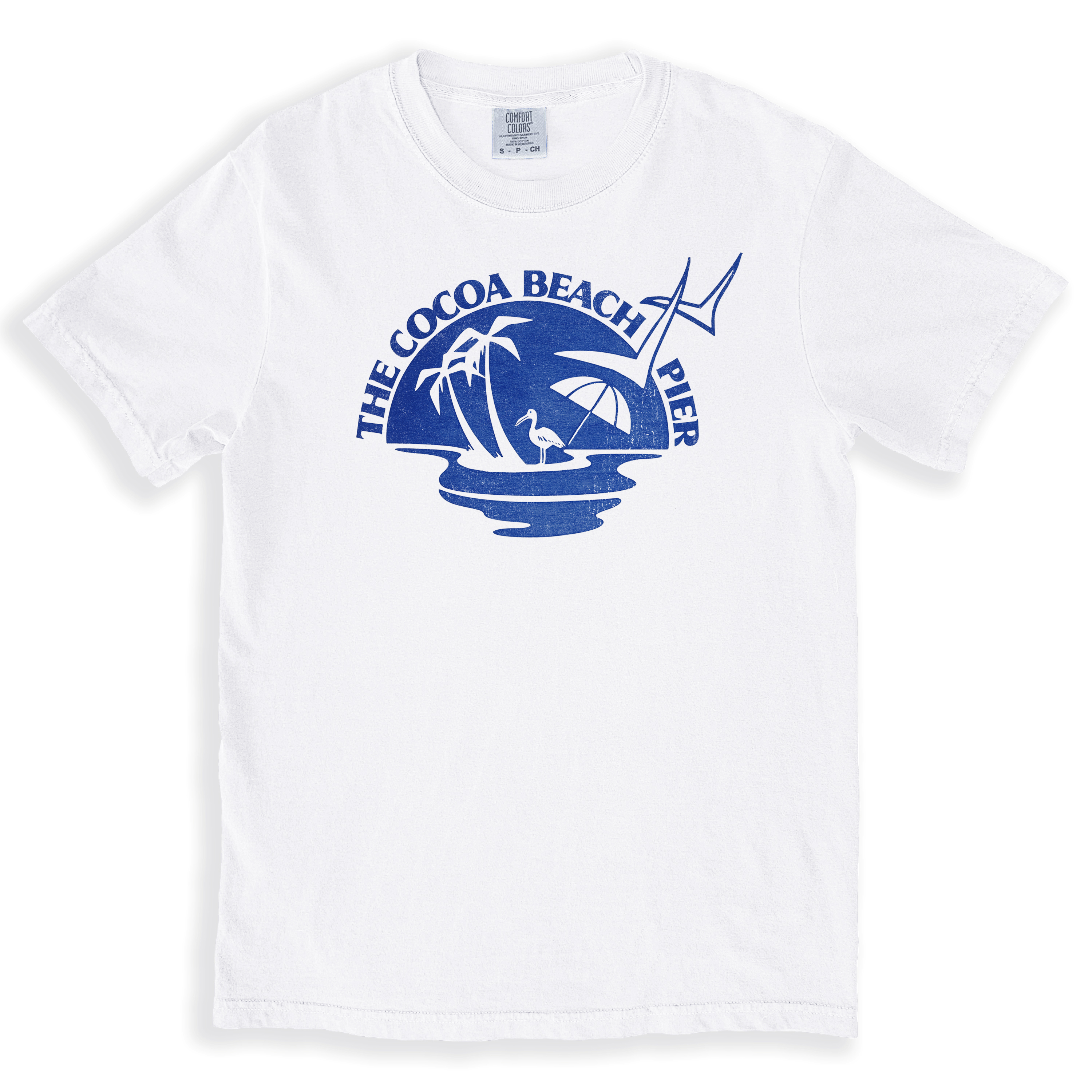 Cocoa Beach Pier vintage matchbook logo, on a vintage white t-shirt