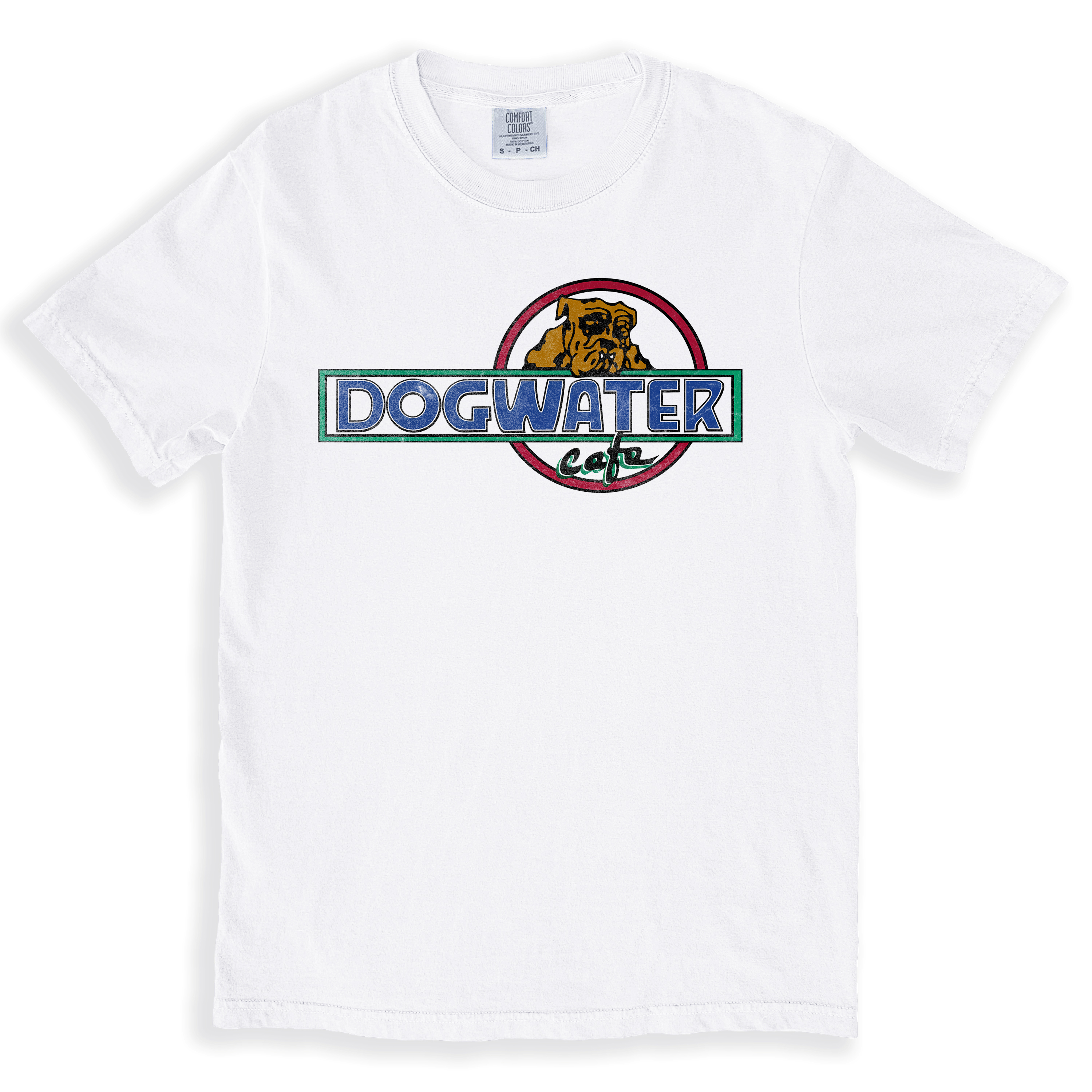 A vintage style white t-shirt with the logo for Dogwater Cafe on it. A defunct Tampa Bay resturant.