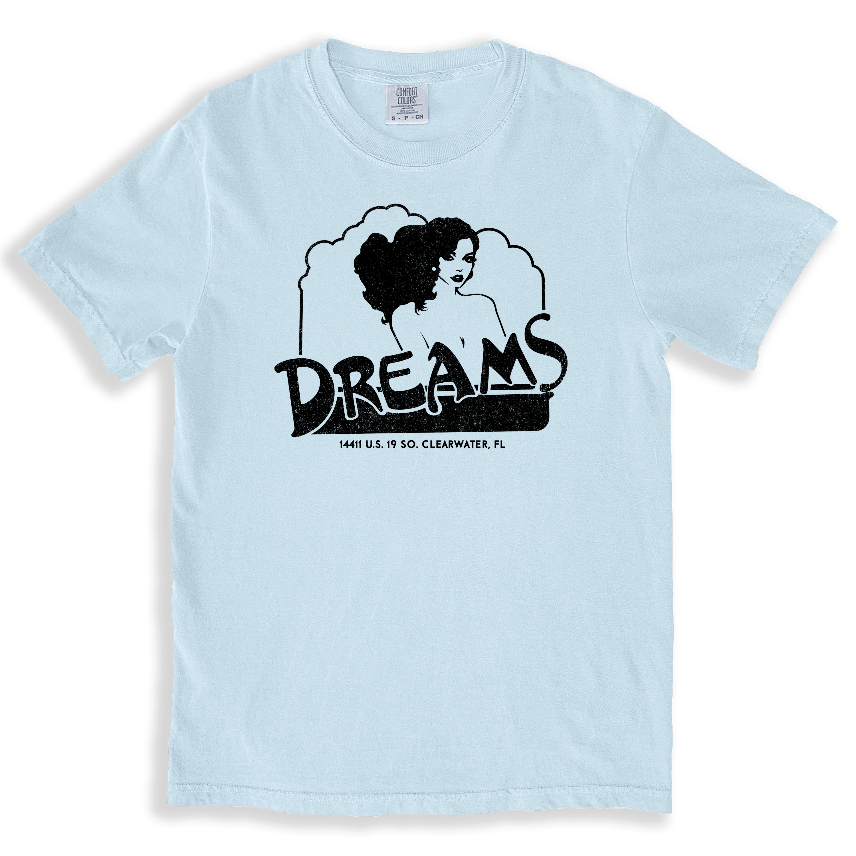 Light blue “Dreams” strip club T-shirt by Extinct Merch featuring a vintage black matchbook cover silhouette graphic and the historic 14411 U.S. 19 S., Clearwater, Florida address.