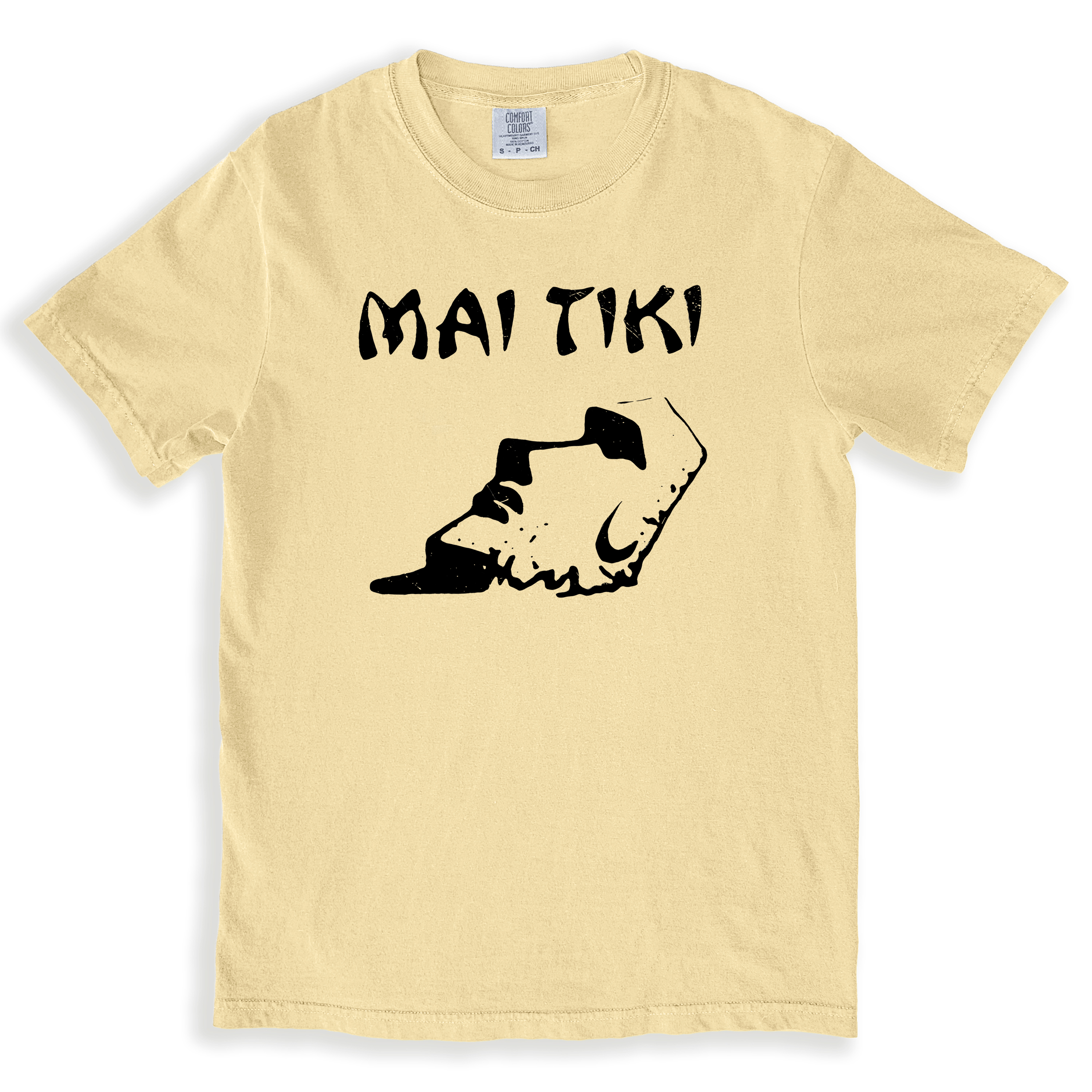 Vintage cream T-shirt with tiki head artwork honoring Wayne Coombs' Mai Tiki Studio in Cocoa Beach, FL, at 251 Minutemen Causeway.