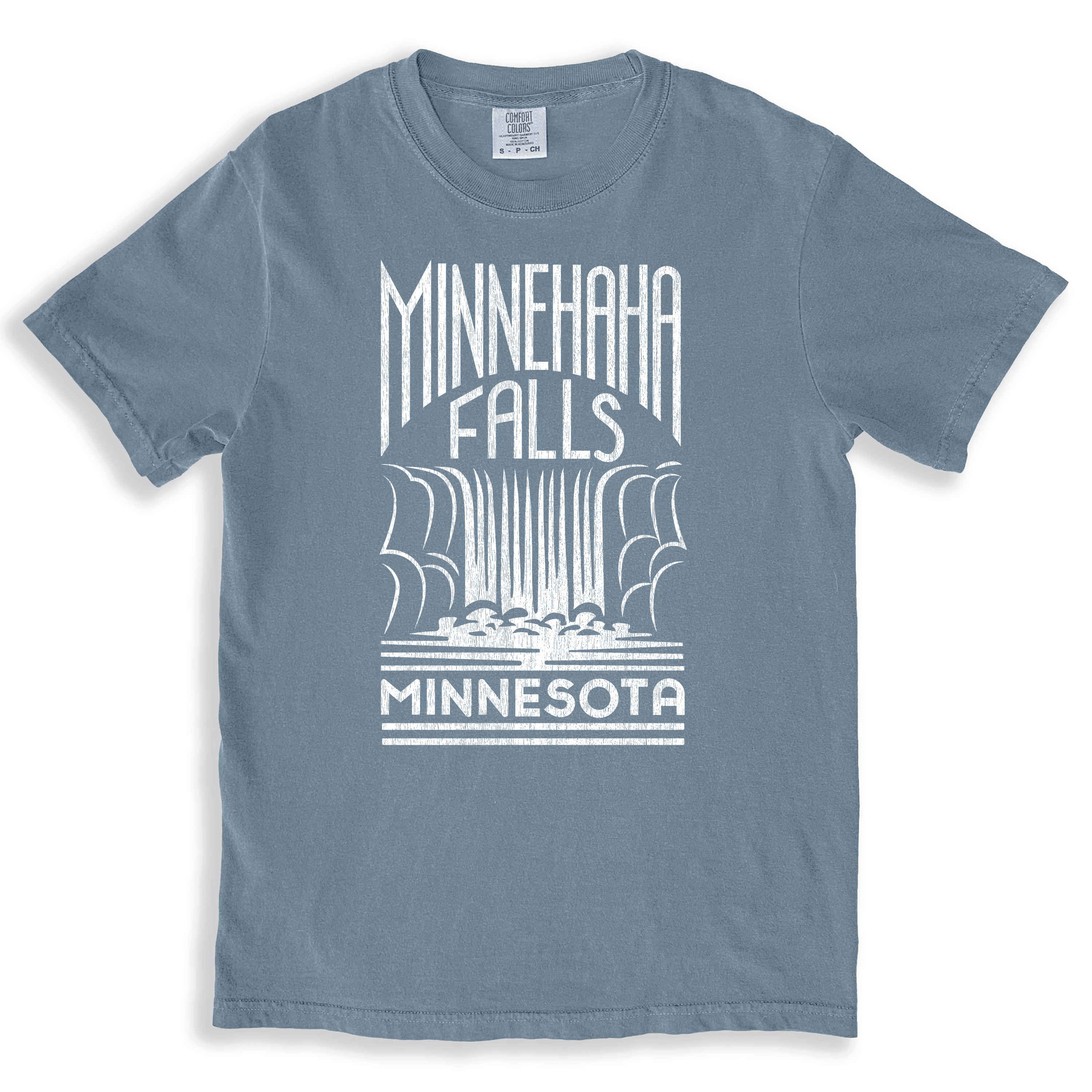 Minnehaha falls historic waterfall logo on a vintage blue t-shirt