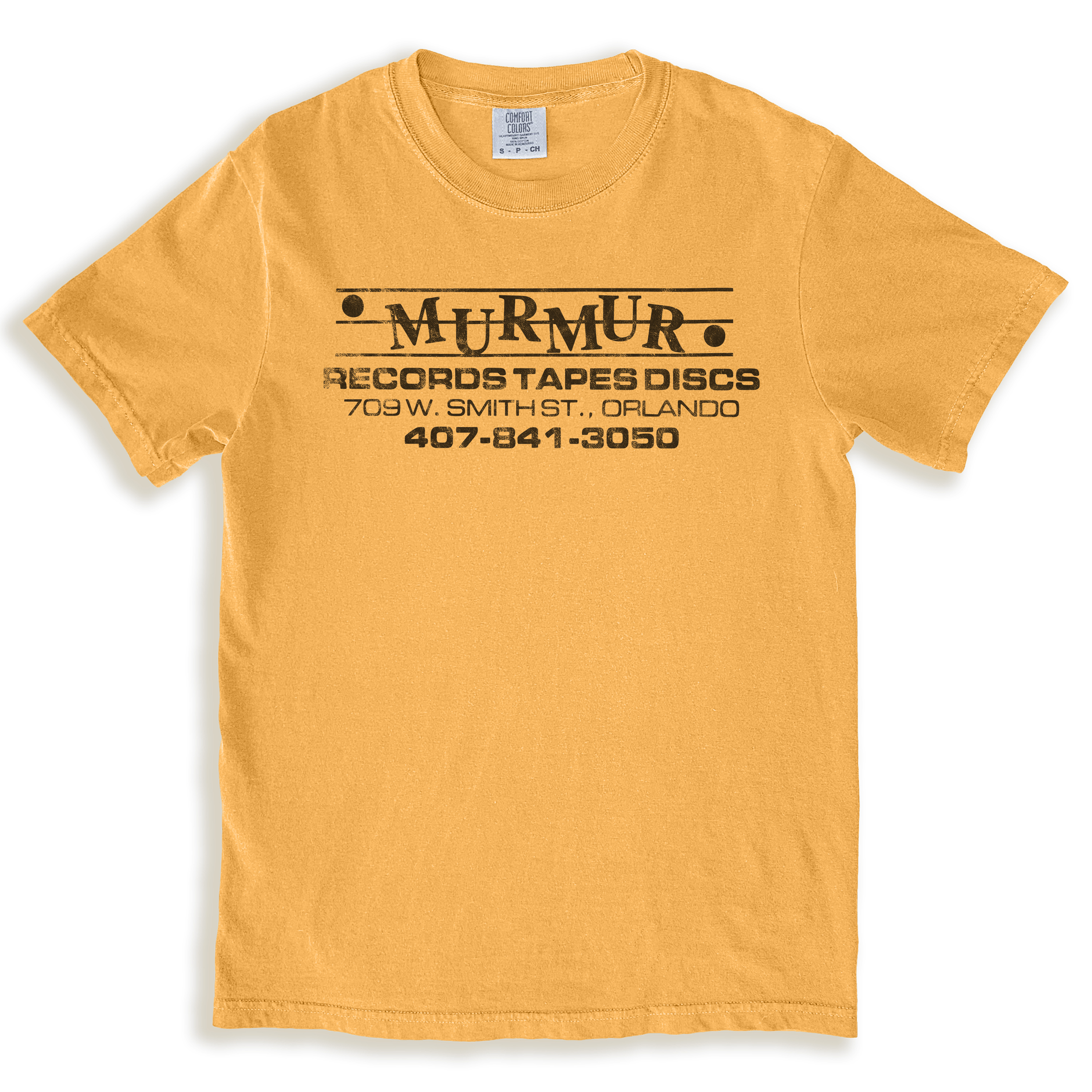A vintage style yellow t-shirt featuring the logo for Murmur Records. A defunct Orlando record store.