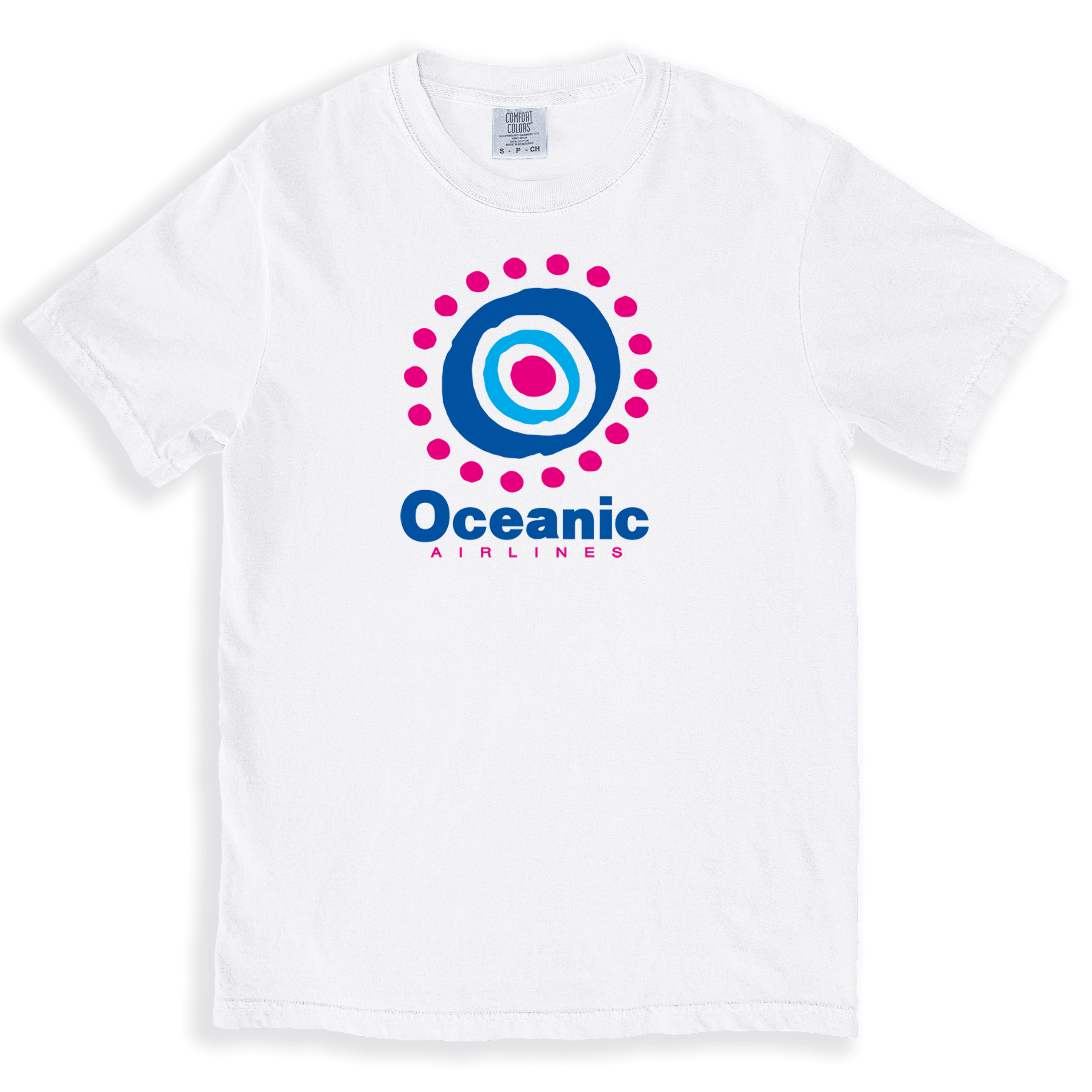 A white t-shirt with the logo for the fictional airline "Oceanic Airlines" from the TV show Lost.