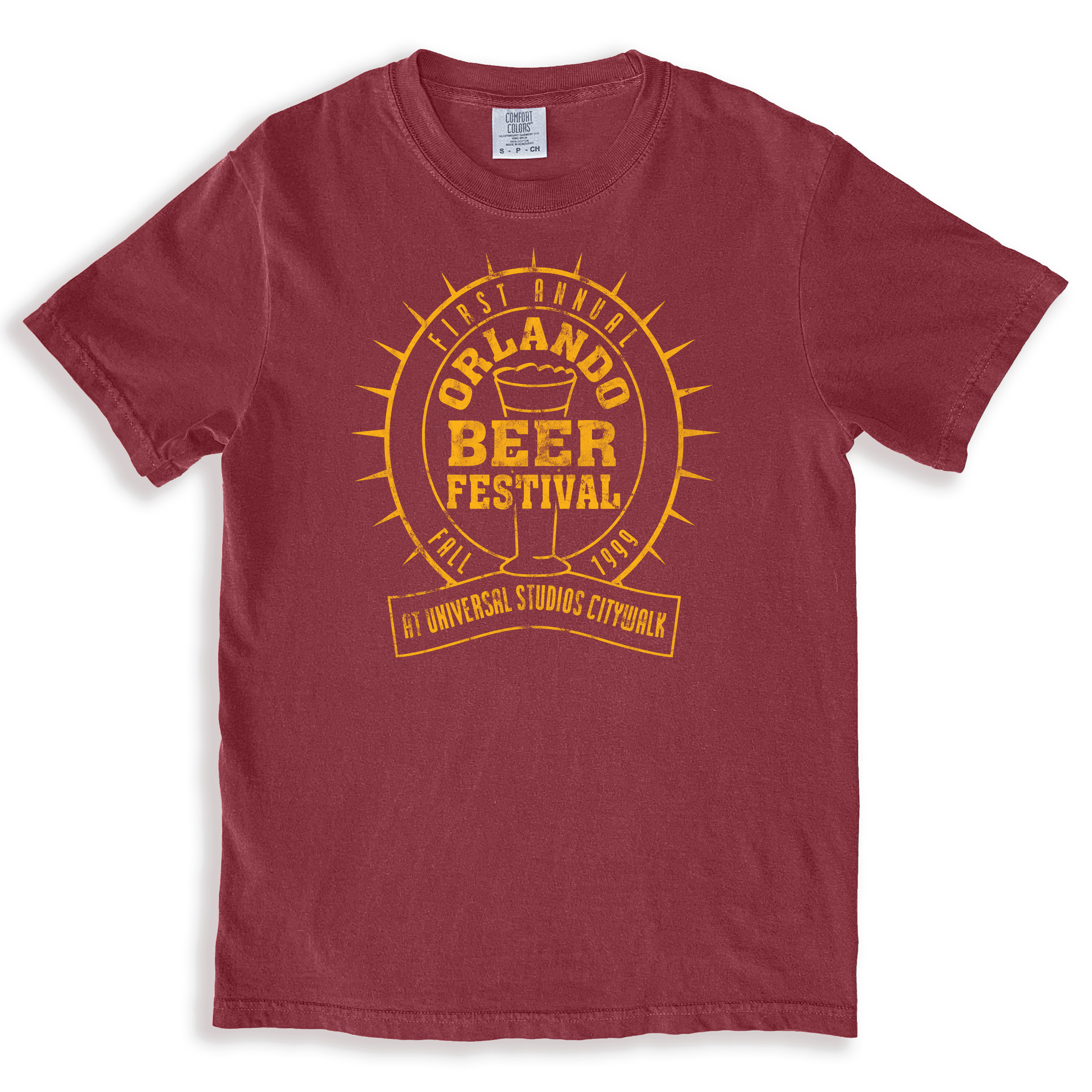 A vintage red t-shirt with the logo for Orlando Beer Festival 1999 on it. The festival took place at Universal Studios Citywalk.