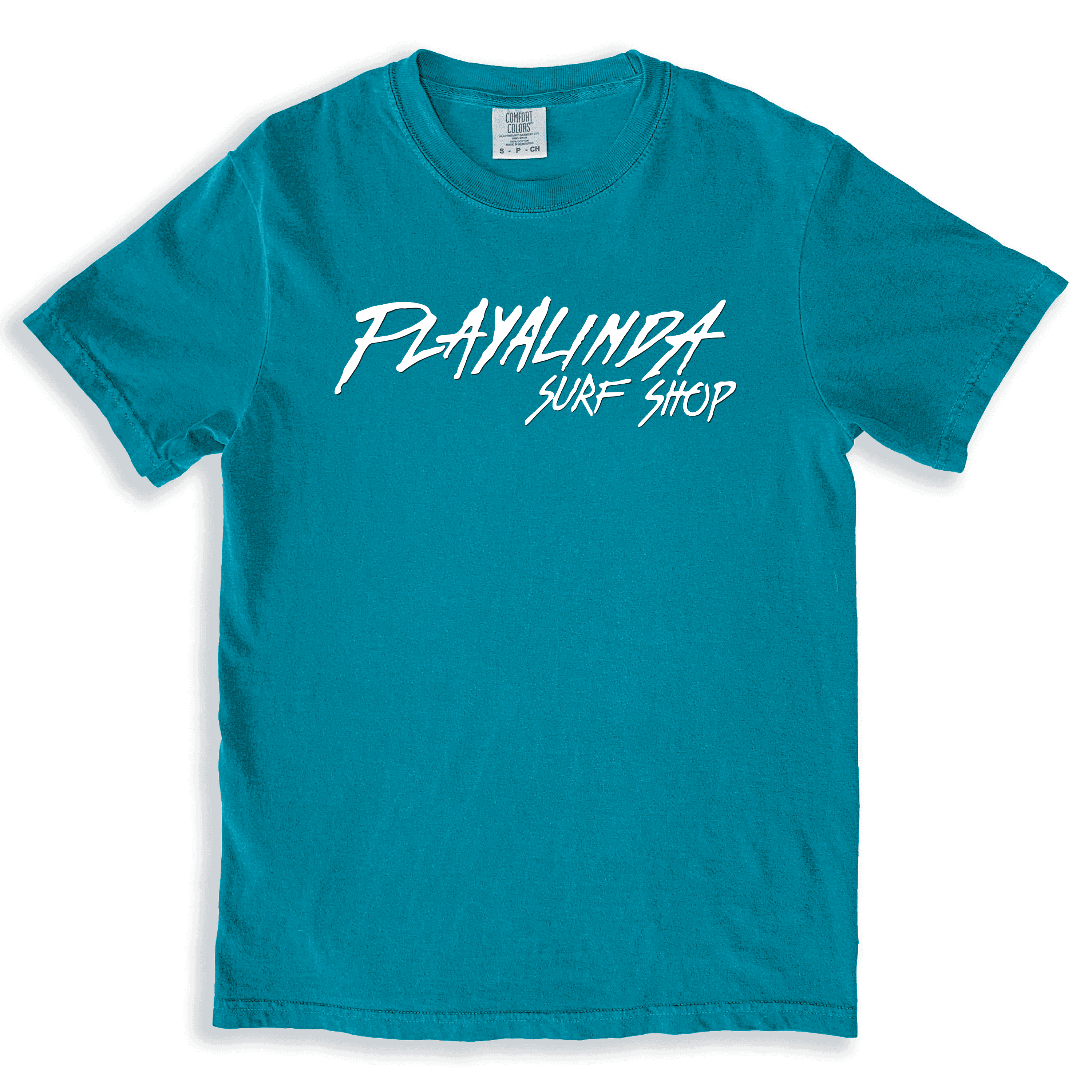 A vintage style blue t-shirt with the logo for Playalinda Surf Shop on it. A surf shop that existed in the late 1980s and 1990s near UCF in Orlando.