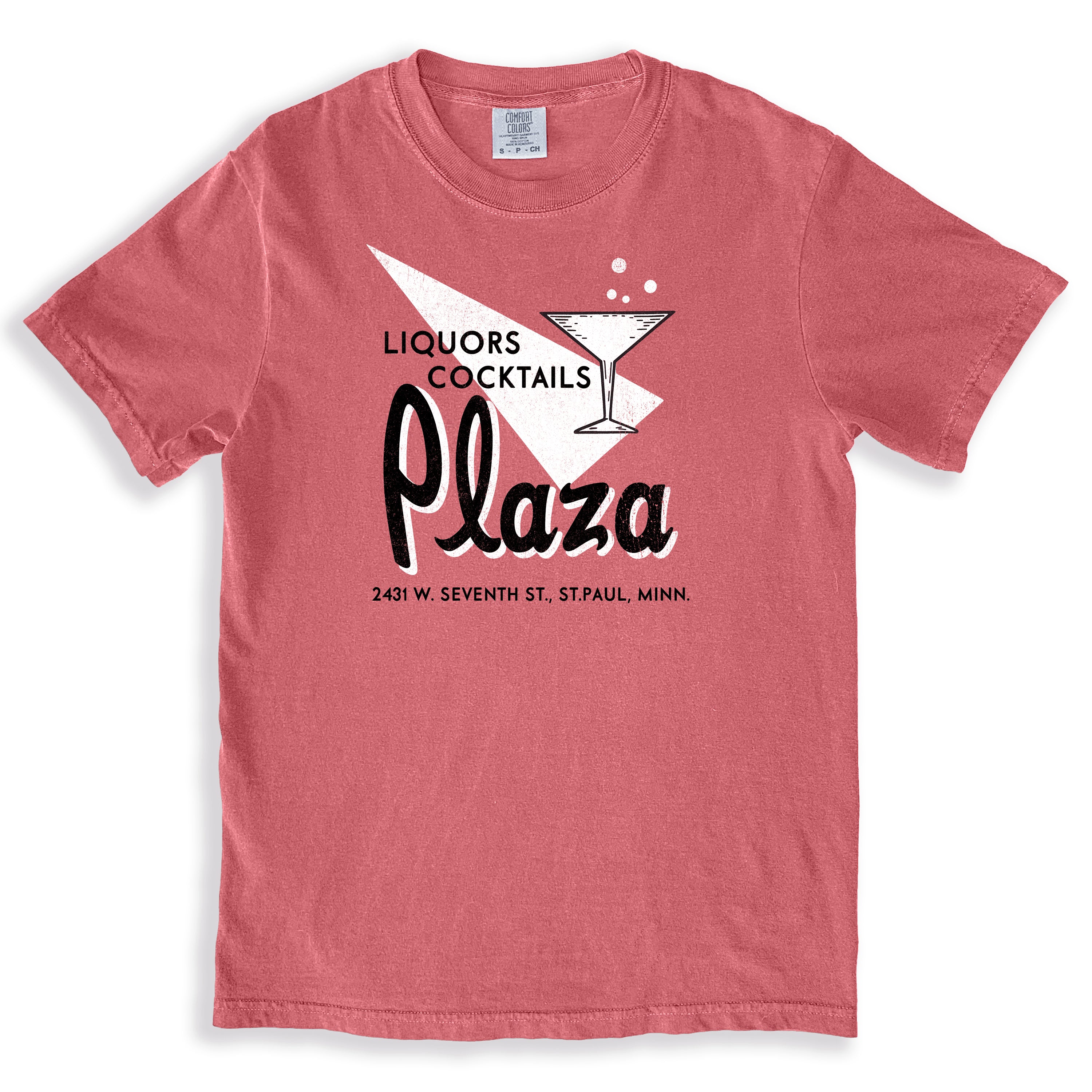 Vintage T-shirt with the classic 1960s Plaza Liquors & Cocktails matchbook art logo from St. Paul, Minnesota.