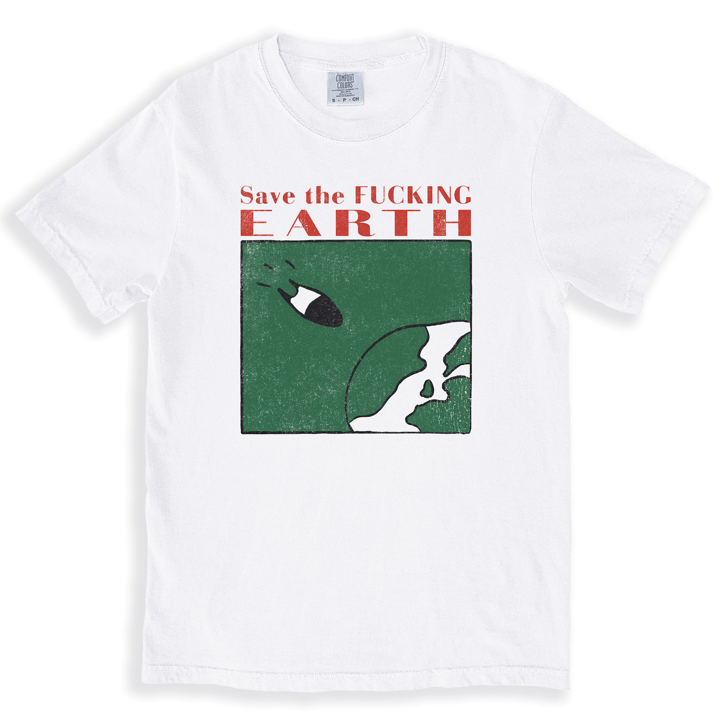 A white vintage t-shirt with a design that says Save The Fucking Earth. It's from the 2011 film "What's your number?"