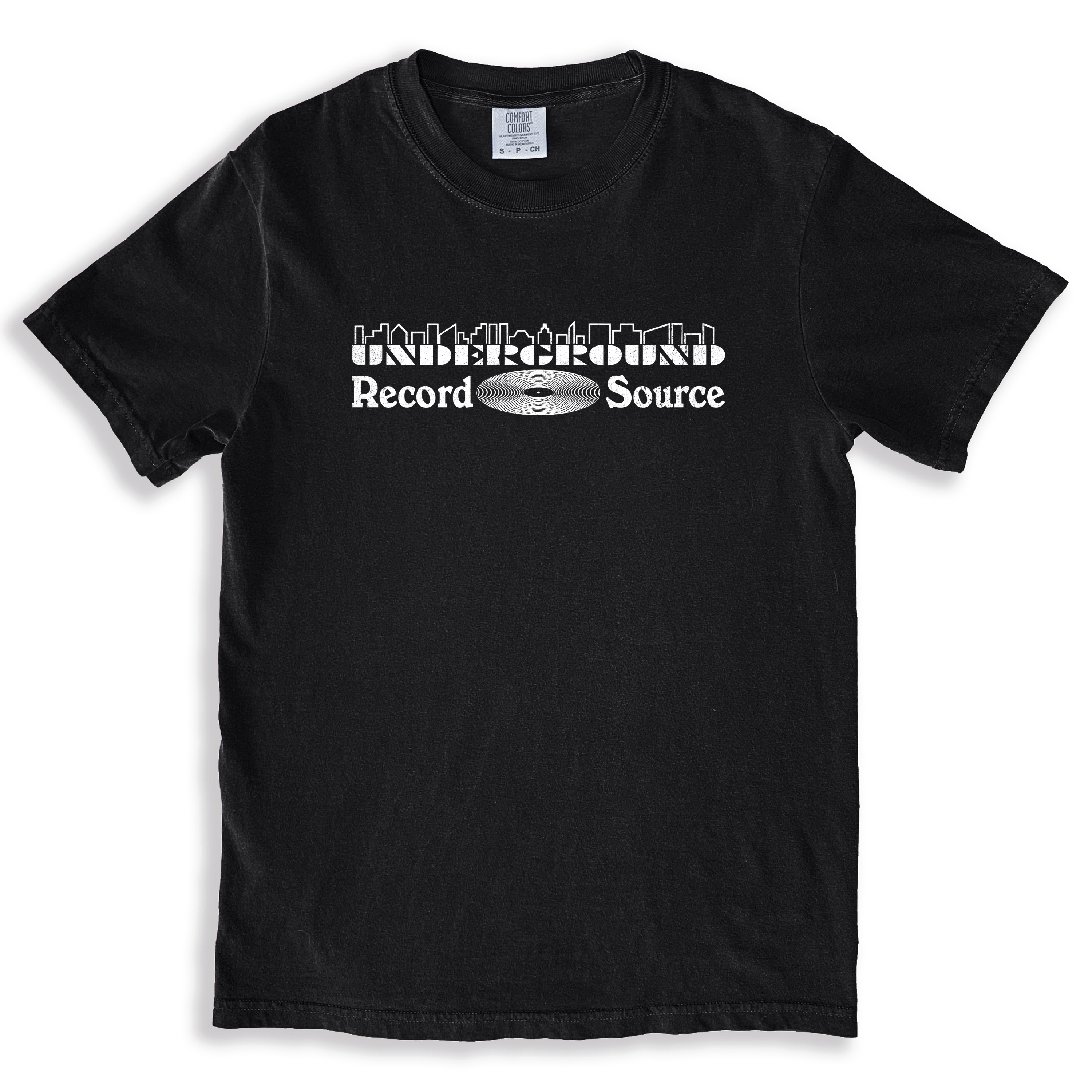A vintage 90s style black t-shirt with the logo for the defunct Orlando Florida record store Underground Record Source on it.