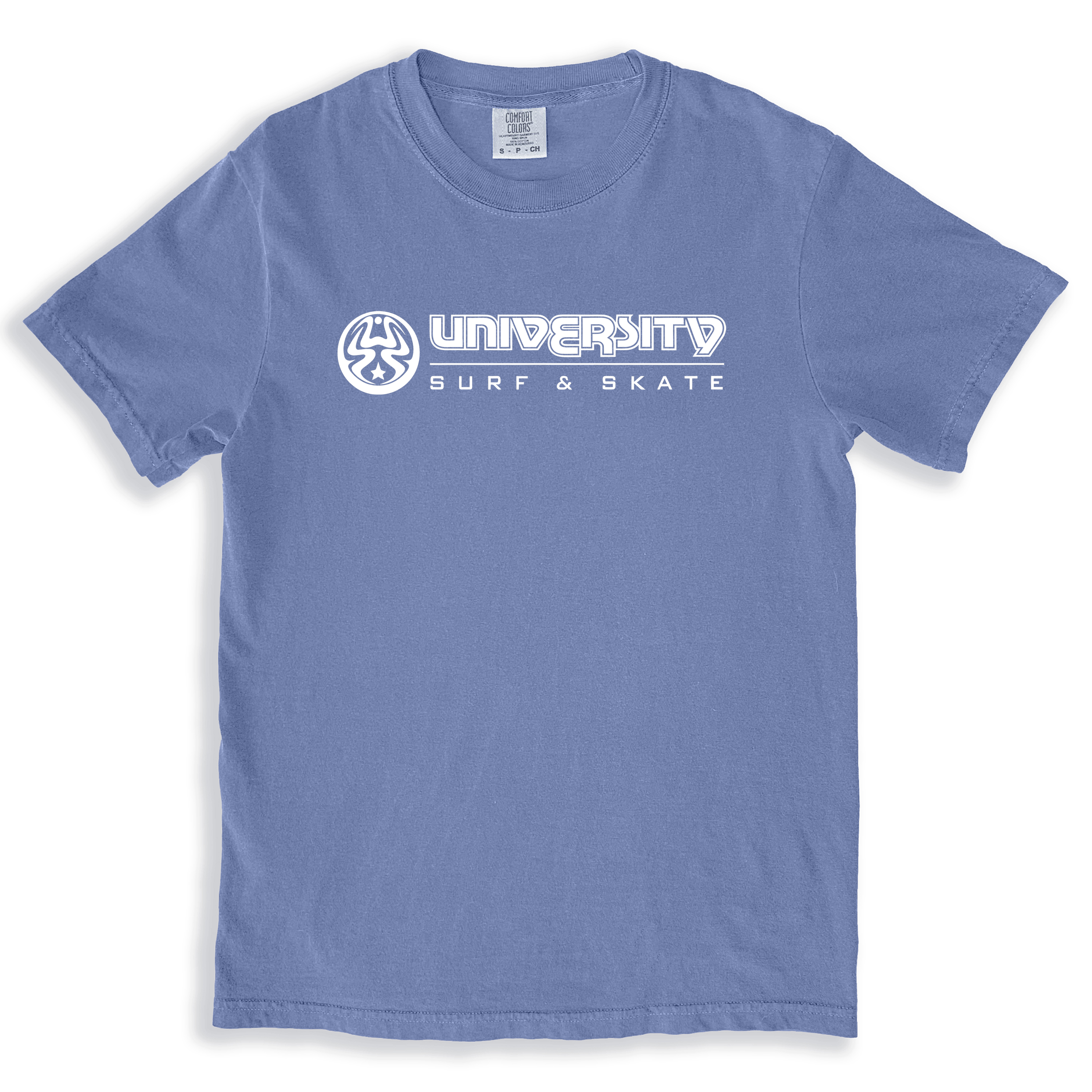A 90s vintage style blue t-shirt with the logo for the defunct UCF Orlando surf and skate shop named University Surf & Skate.