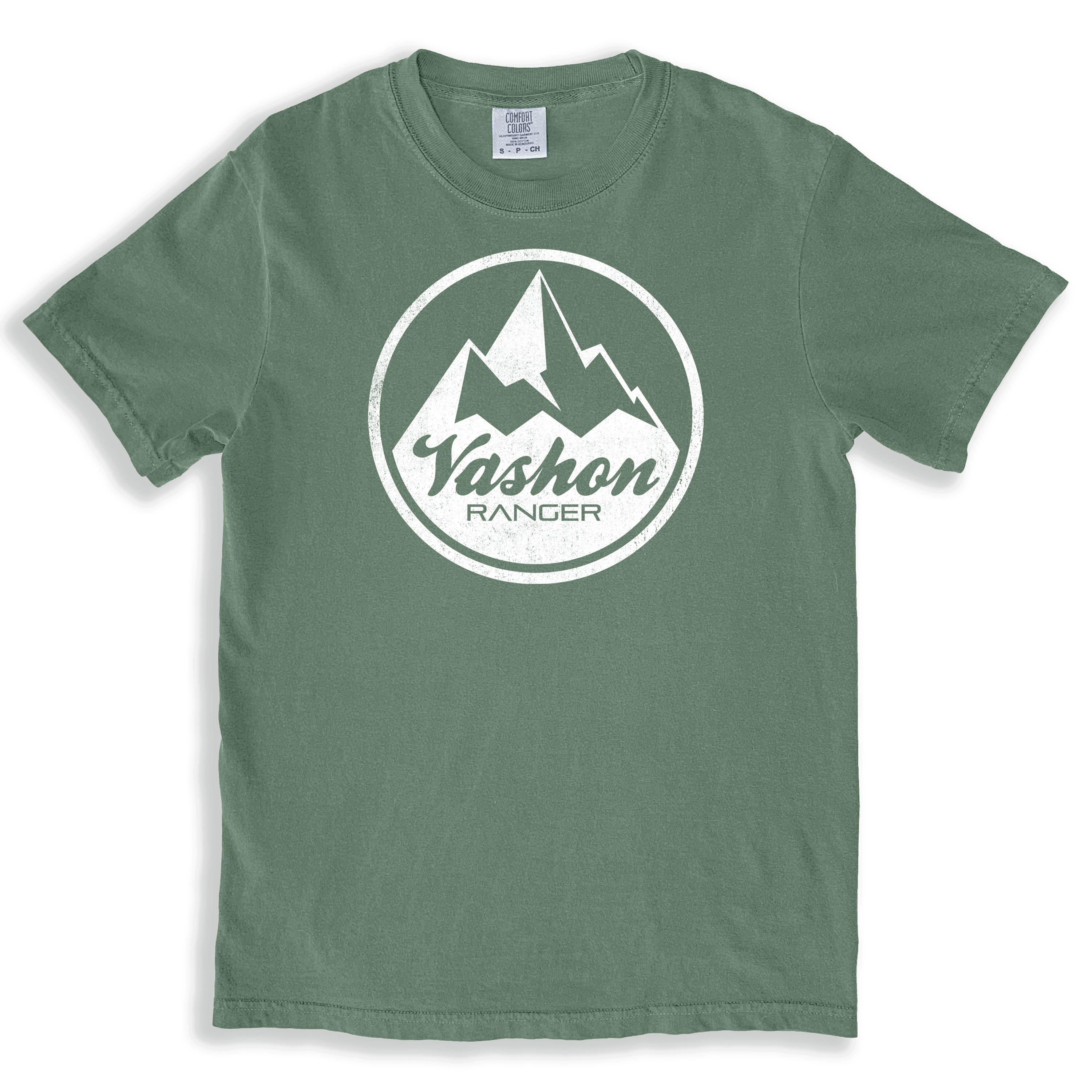 A green t-shirt with the vashon ranger airplane logo on it