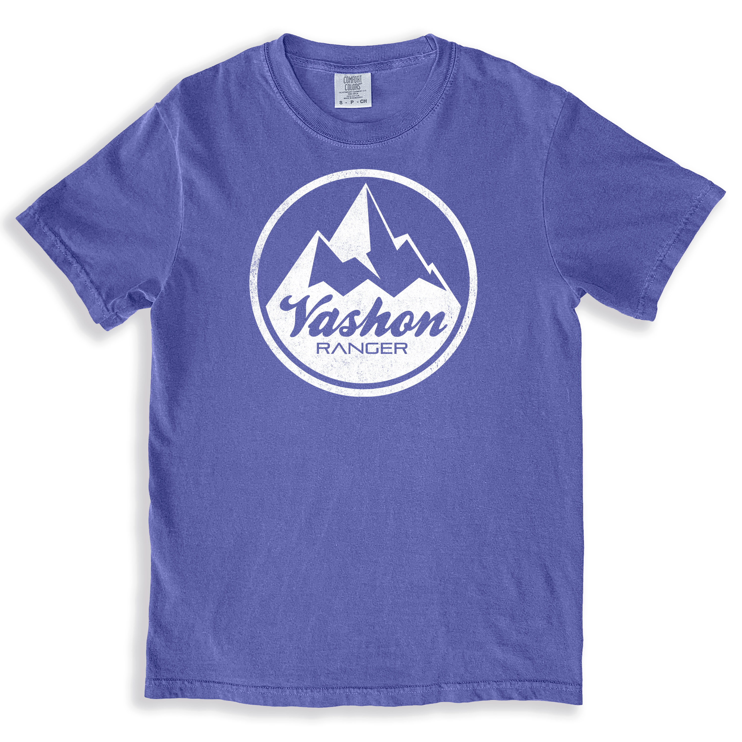A blue T-shirt with the vashon ranger logo on it.