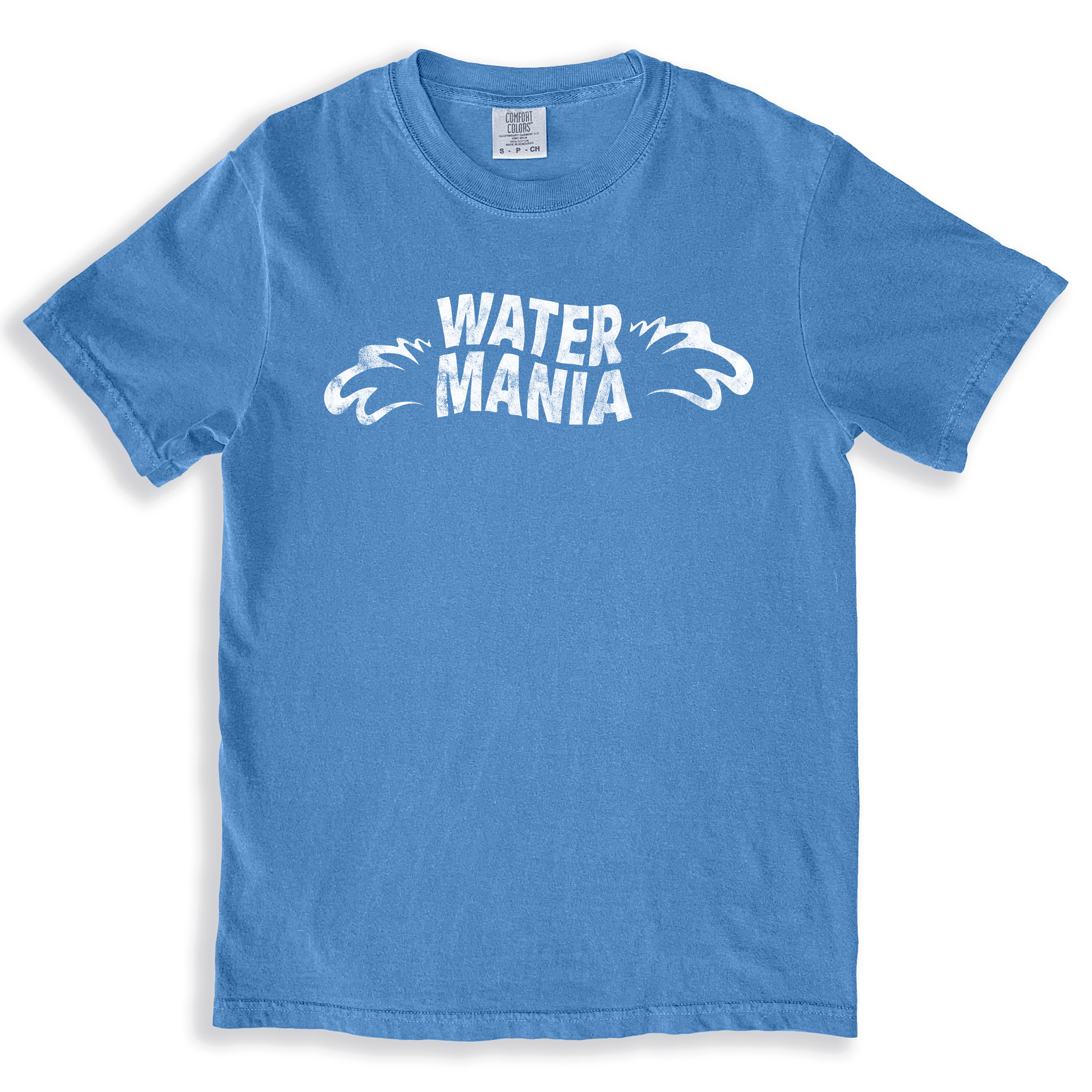 A vintage blue t-shirt with the logo for the defunct Orlando waterpark Watermania on it.