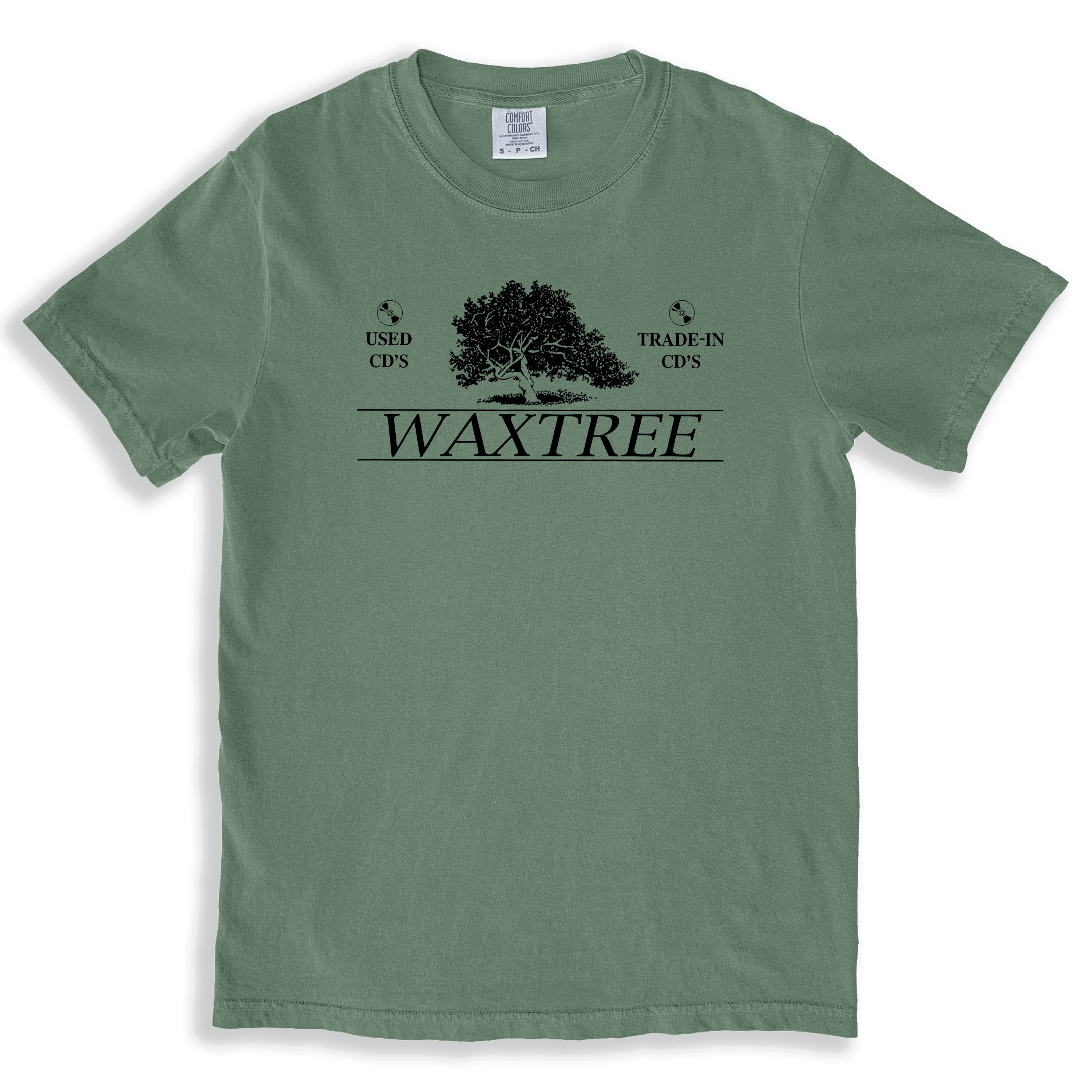 A vintage style, green t-shirt with the logo for Waxtree Records on it. A defunct Orlando record store from the 80s and 90s.