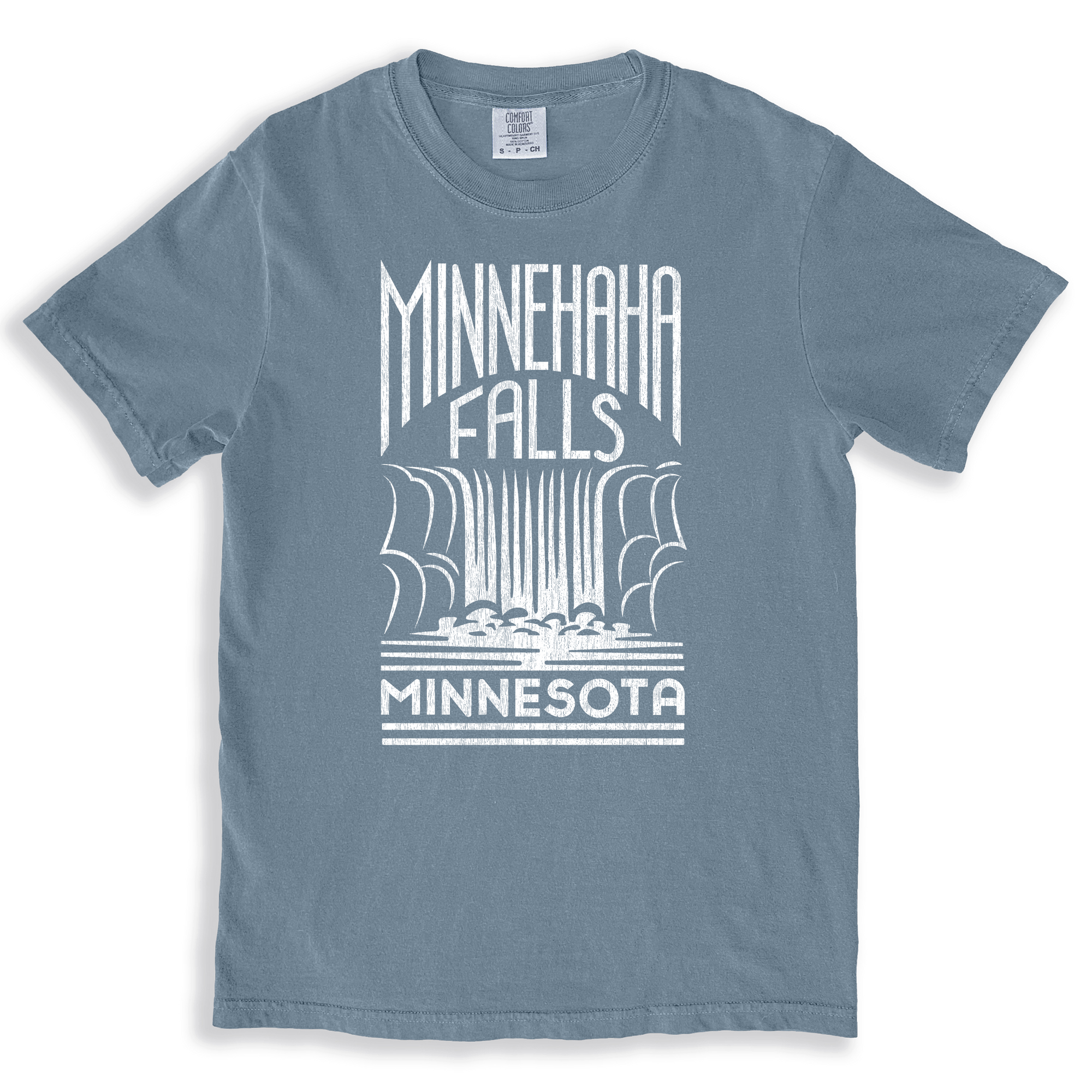 Minnehaha falls historic waterfall logo on a vintage blue t-shirt